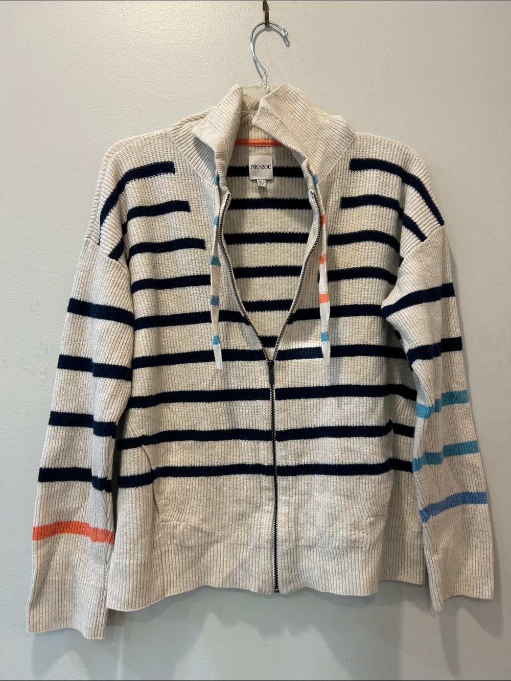 NIC+ZOE Cream and Navy Striped Zip-Front Cardigan with Accent Stripes